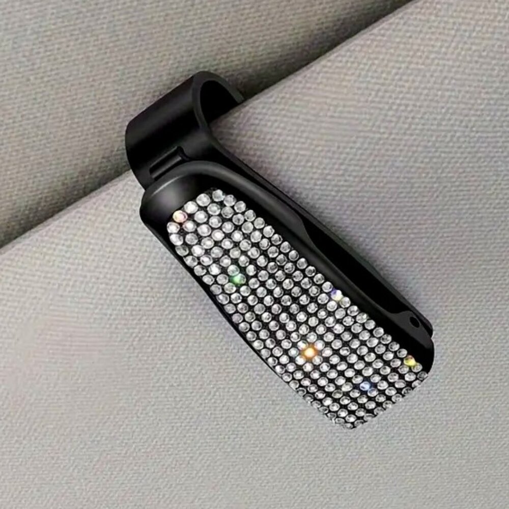NEW Black Clear Rhinestones Car Visor Sunglasses Holder Anti-Scratch Soft Clip